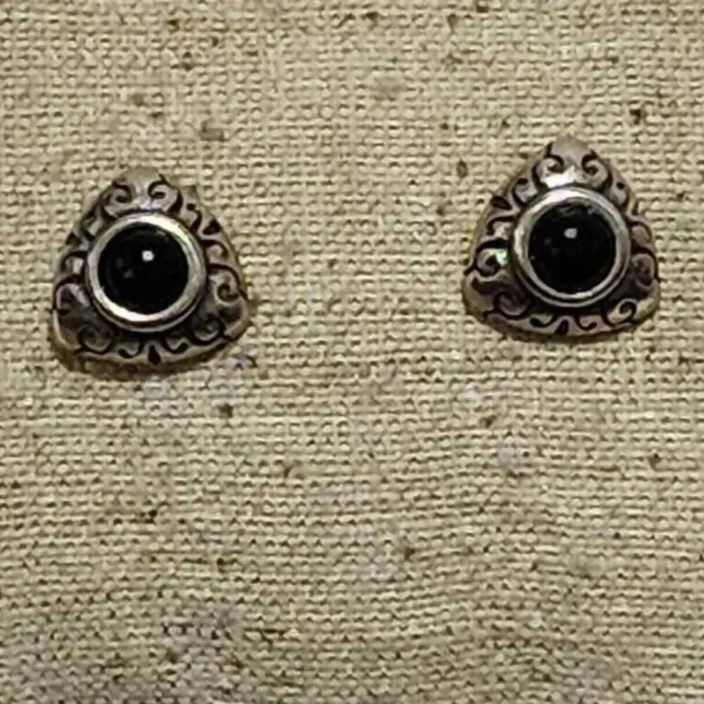 Brighton Vintage Scrolled Retired Triangle silver and Black Stud Earrings